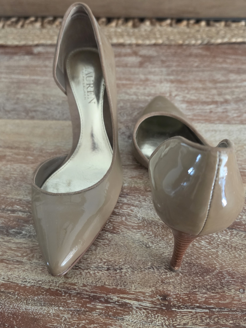Ralph Lauren Patent Leather Pointed Toe Pumps in Taupe-6